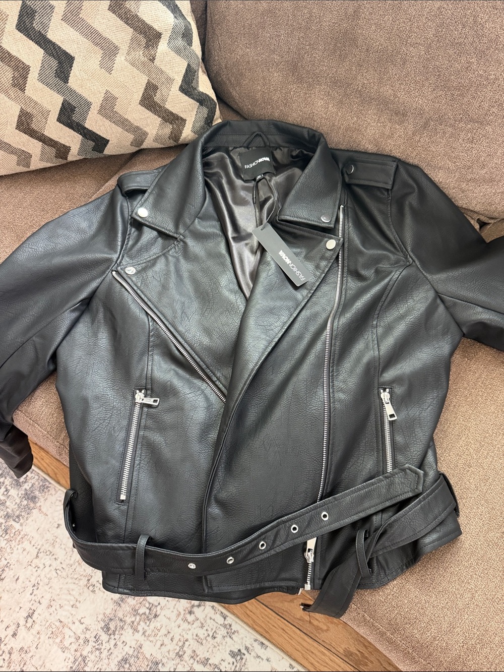 Fashion Nova Black Moto Leather Jacket with Belt